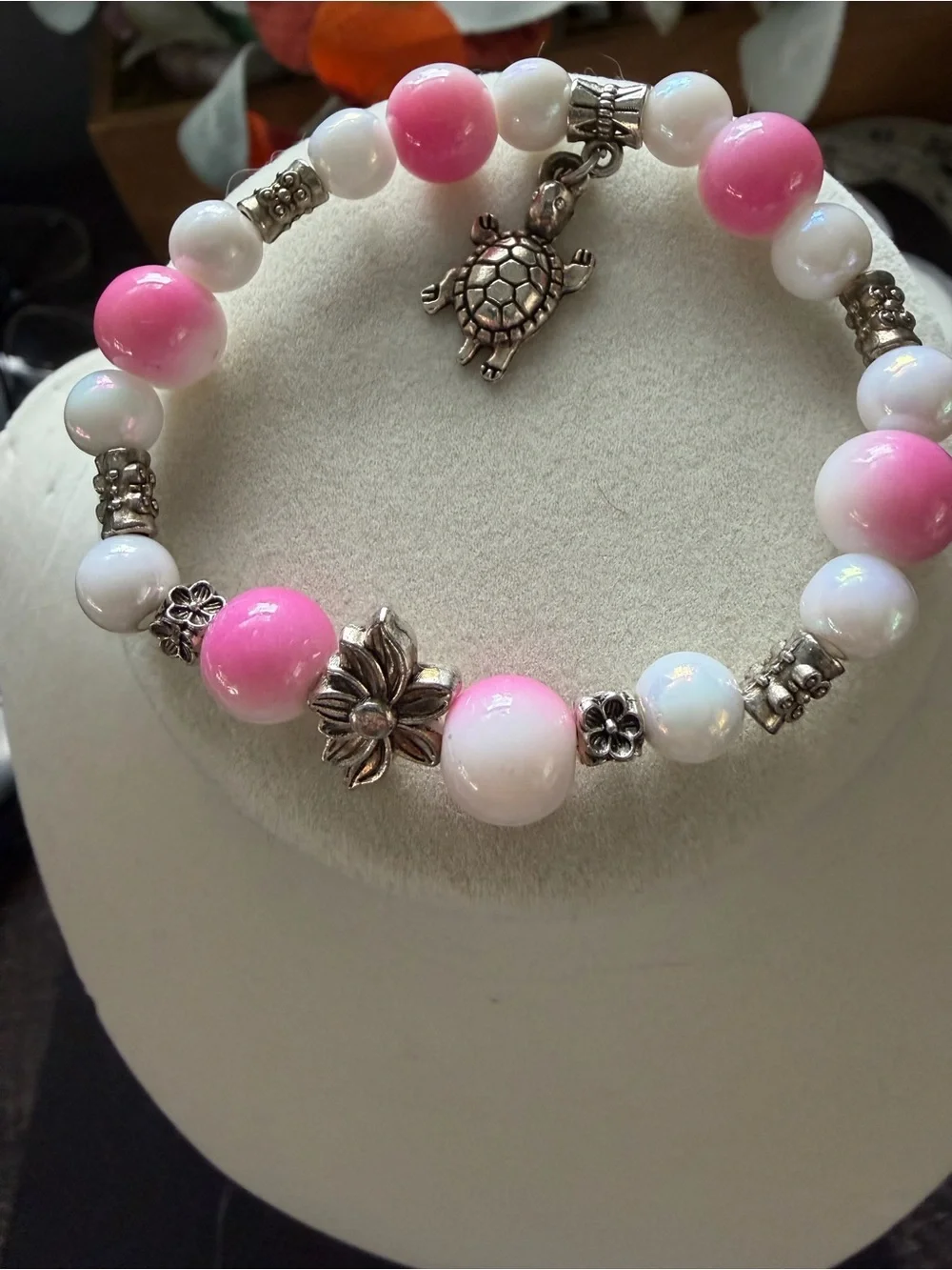 Handmade Pink & White Beaded Turtle Charm Bracelet